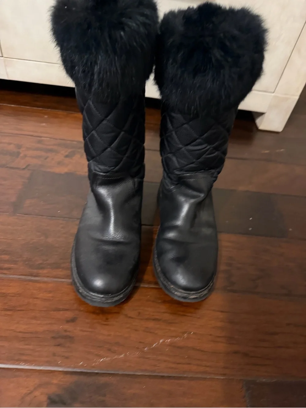 Tory Burch Black Quilted Leather Winter Boots with Faux Fur Cuff